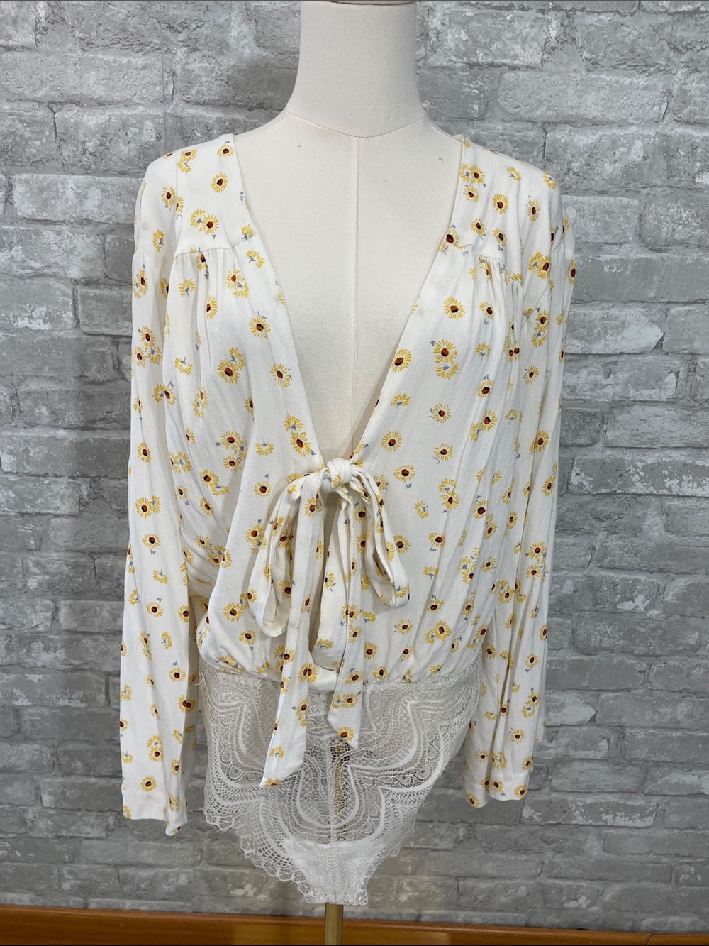 Free People Forties Feel White Sunflower Tie-Front Lace-Trim Bodysuit